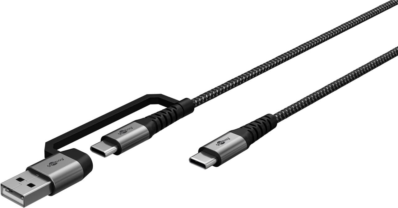 Câble textile USB 2 en 1, câble de chargement USB-C robuste avec adaptateur pour appareils USB-A, 1 mètre