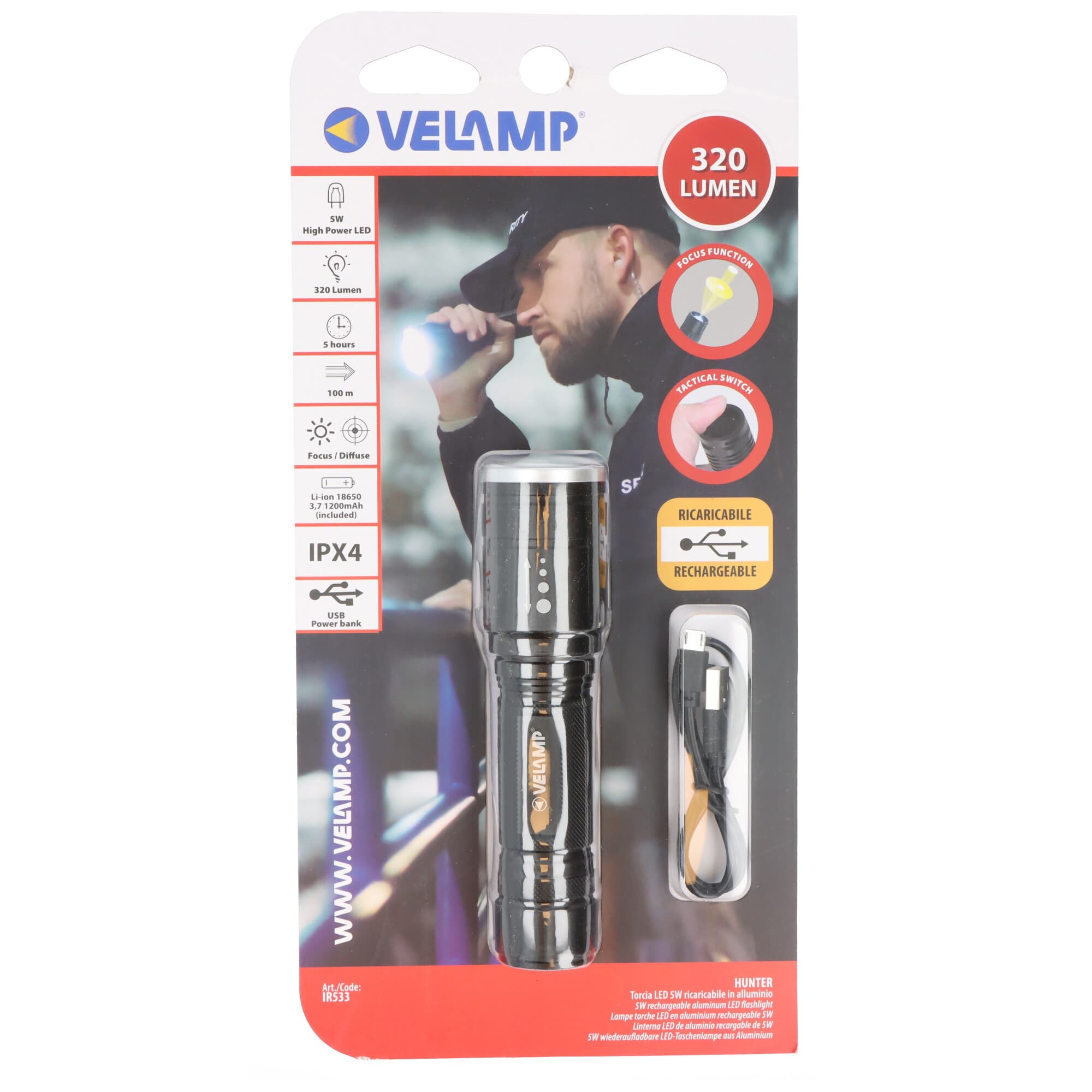 Lampe de poche LED rechargeable Velamp Hunter 5W avec fonction zoom 320lm 1200mAh Li-Ion